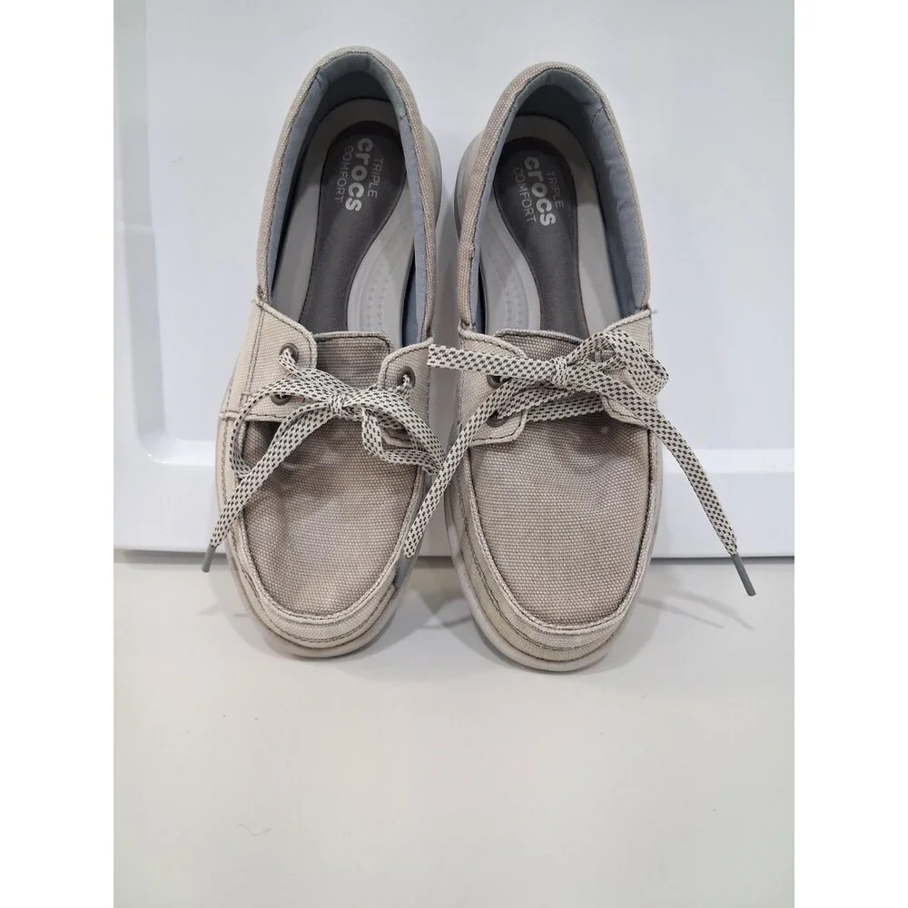 Crocs Walu II Canvas Boat Shoes Gray Loafers Triple Comfort Laced Coastal Preppy